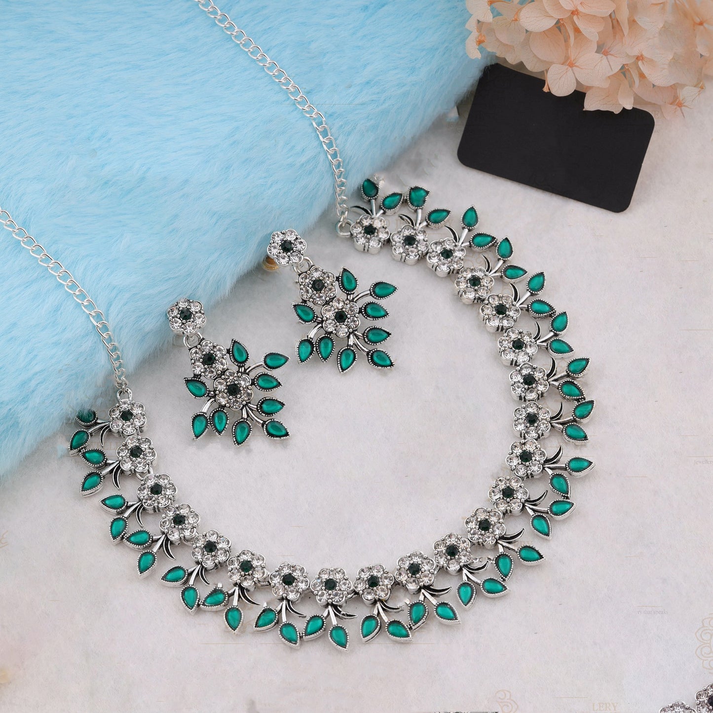 Silver Plated Green Colour Necklace With Earrings For Womens
