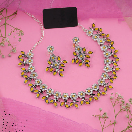 Silver Plated Yellow Colour Necklace With Earrings For Womens