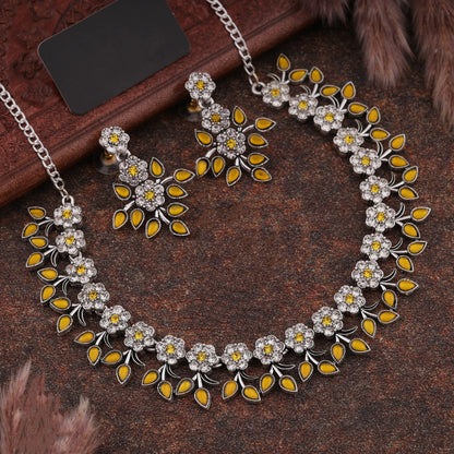 Silver Plated Yellow Colour Necklace With Earrings For Womens