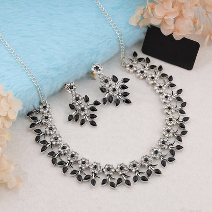 Silver Plated Black Colour Necklace With Earrings For Womens