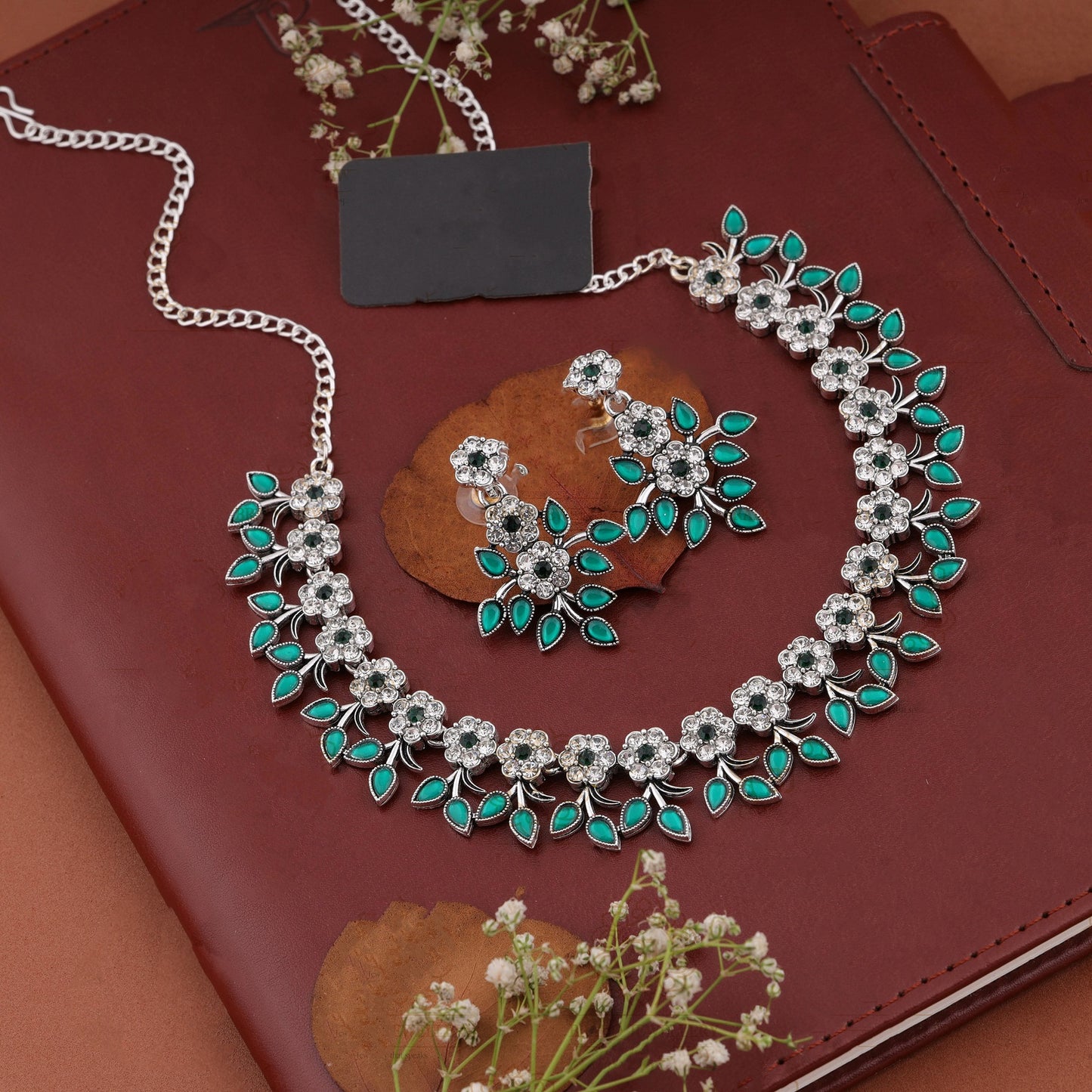 Silver Plated Green Colour Necklace With Earrings For Womens