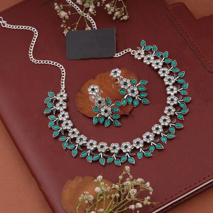 Silver Plated Green Colour Necklace With Earrings For Womens