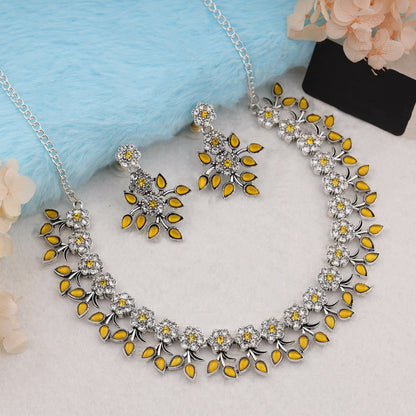 Silver Plated Yellow Colour Necklace With Earrings For Womens