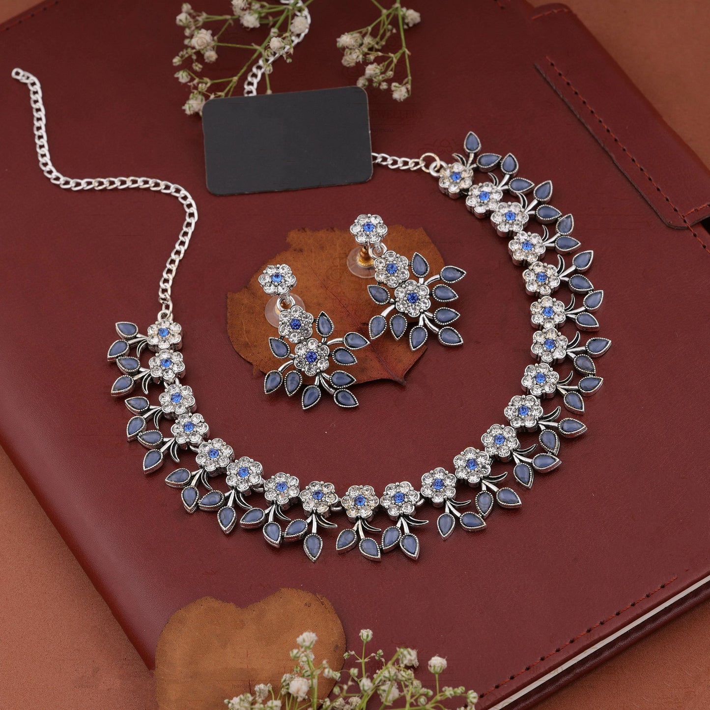 Silver Plated Blue Colour Necklace With Earrings For Womens