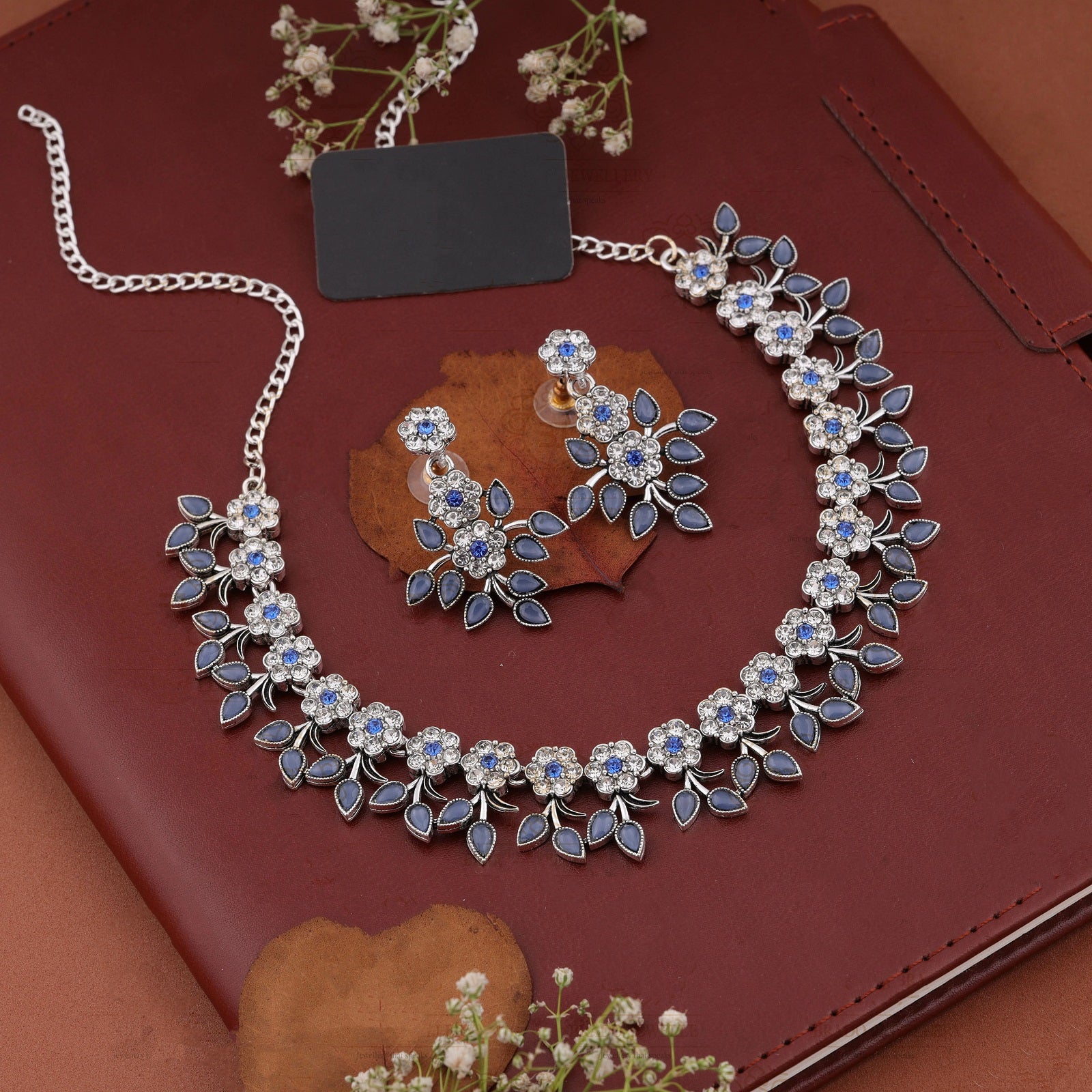 Silver Plated Blue Colour Necklace With Earrings For Womens