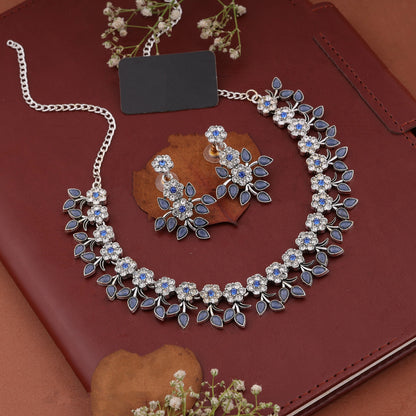 Silver Plated Blue Colour Necklace With Earrings For Womens