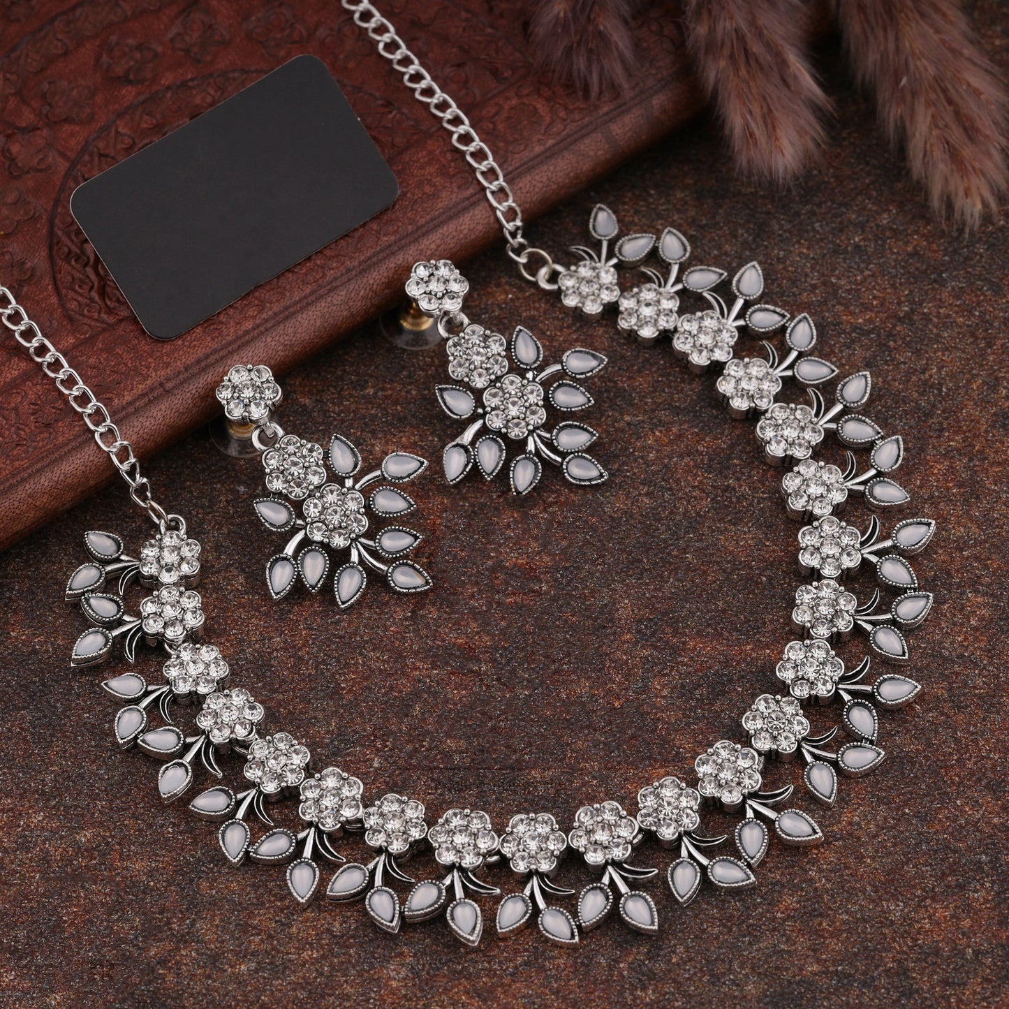 Silver Plated White Colour Necklace With Earrings For Womens
