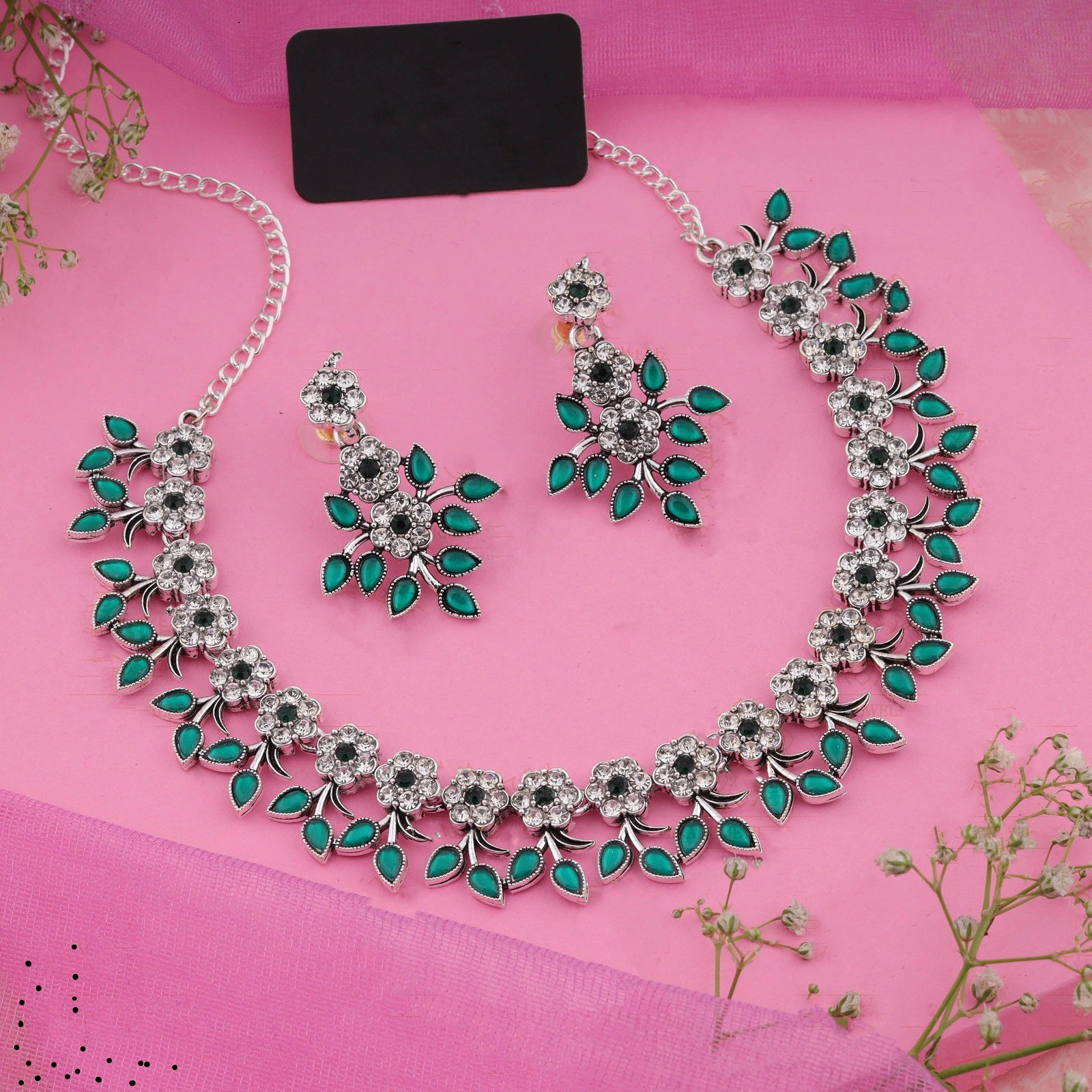 Silver Plated Green Colour Necklace With Earrings For Womens