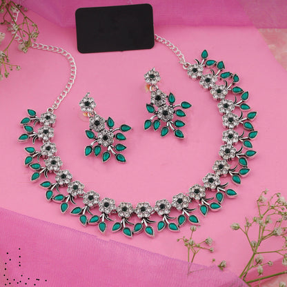 Silver Plated Green Colour Necklace With Earrings For Womens