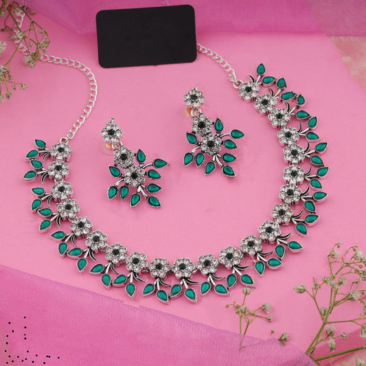 Silver Plated Green Colour Necklace With Earrings For Womens