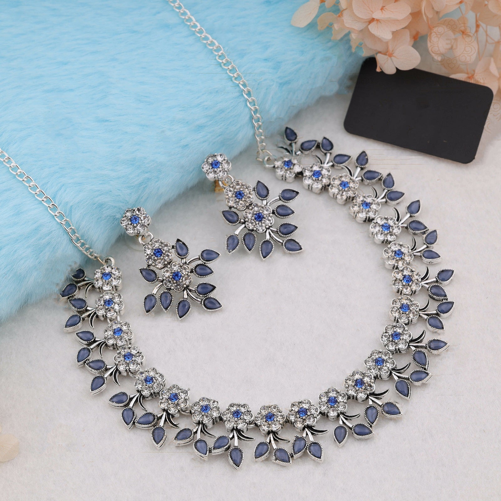 Silver Plated Blue Colour Necklace With Earrings For Womens