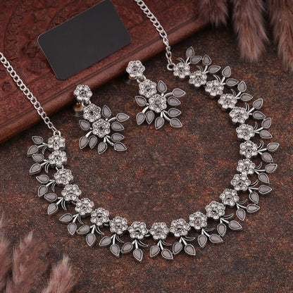 Silver Plated Grey Colour Necklace With Earrings For Womens