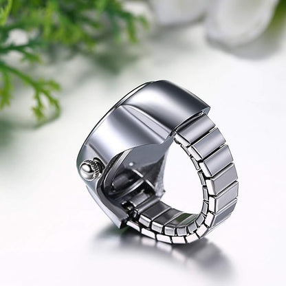 Alloy Silver Plated 1Pc Fashionable Creative Elastic Round Analog Quartz Finger Watch For Womens