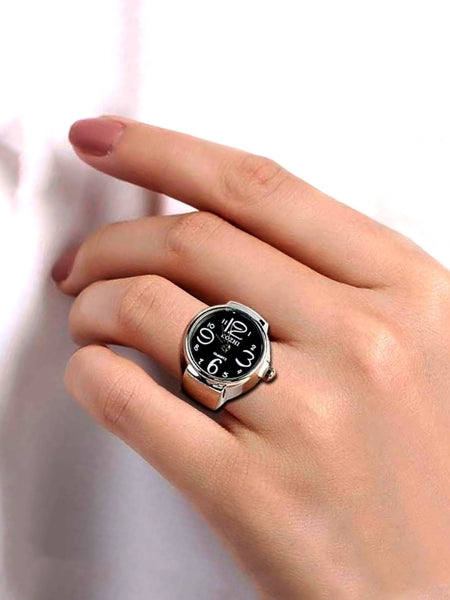 Alloy Silver Plated 1Pc Fashionable Creative Elastic Round Analog Quartz Finger Watch For Womens