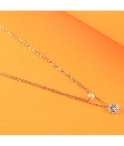 American Diamond and White Pearl 2 Layer Necklace Golden Satari Chain Pendant for Women and Girls Diamond Gold-plated Plated Brass Chain
