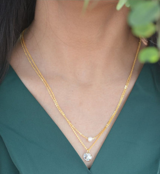 American Diamond and White Pearl 2 Layer Necklace Golden Satari Chain Pendant for Women and Girls Diamond Gold-plated Plated Brass Chain