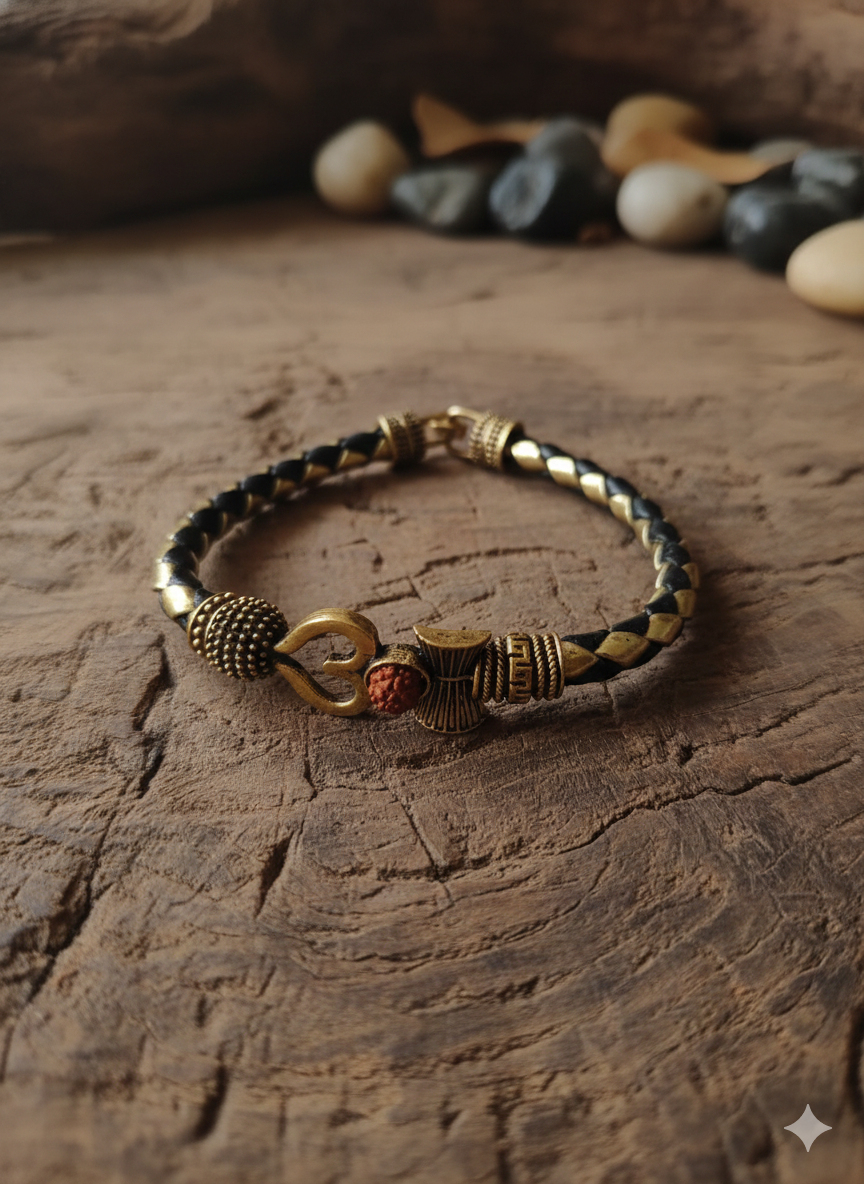 Antique Gold and Classic Black Divine Mahadev Om & Rudraksha Braided Leather Kada Bracelet