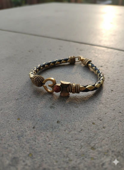 Antique Gold and Classic Black Divine Mahadev Om & Rudraksha Braided Leather Kada Bracelet