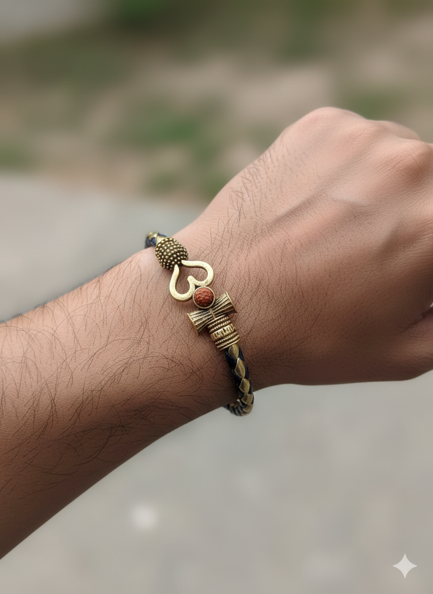 Antique Gold and Classic Black Divine Mahadev Om & Rudraksha Braided Leather Kada Bracelet