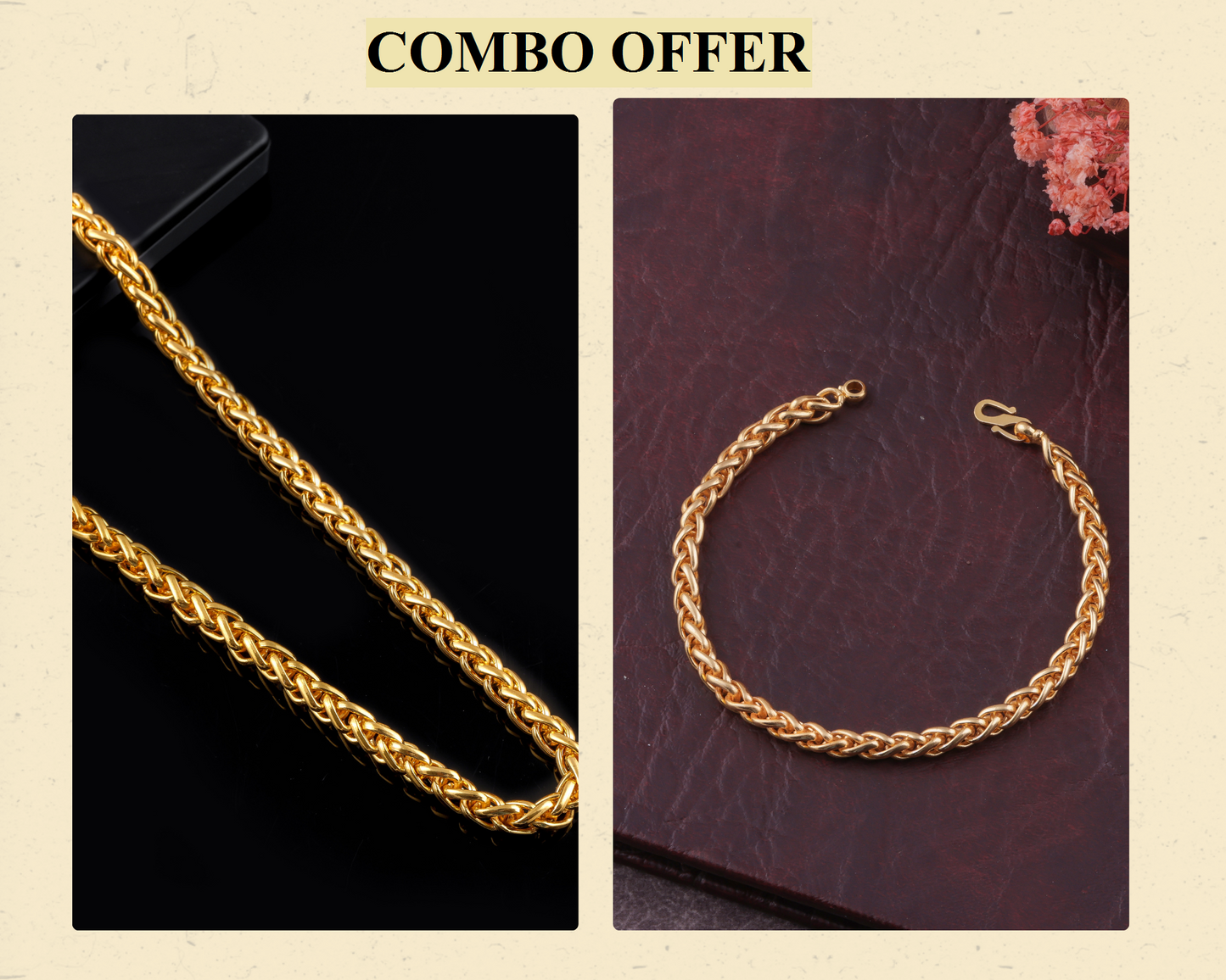 Men's Gold-Plated Wheat Chain & Bracelet Combo(Pack Of 2)