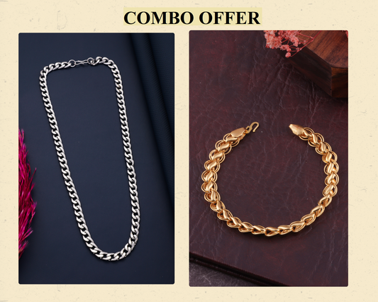 BEAUTIFUL BRASS SILVER CHAIN AND GOLD BRACELET COMBO FOR MENS(PACK OF 2)