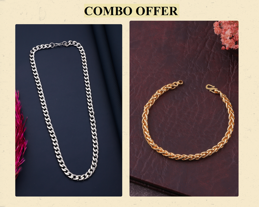 BEAUTIFUL BRASS SILVER CHAIN AND GOLD BRACELET COMBO FOR MENS(PACK OF 2)
