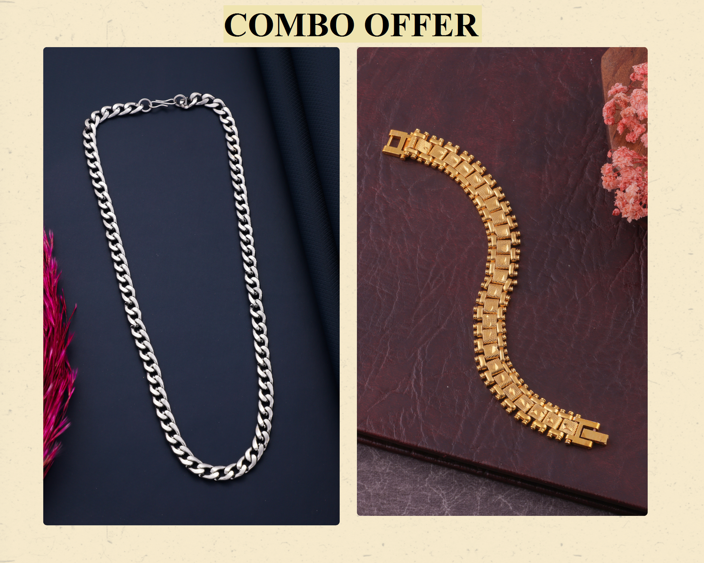 BEAUTIFUL BRASS SILVER CHAIN AND GOLD BRACELET COMBO FOR MENS(PACK OF 2)