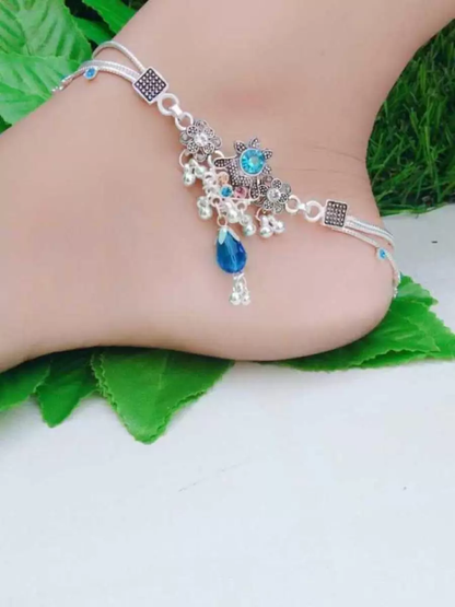 Beautiful Fancy Silver Plated Sky Blue Stone And Pearl Payal (Anklet)