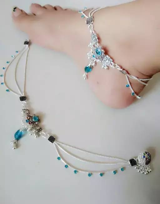 Beautiful Fancy Silver Plated Sky Blue Stone And Pearl Payal (Anklet)