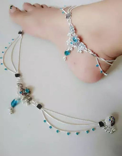 Beautiful Fancy Silver Plated Sky Blue Stone And Pearl Payal (Anklet)