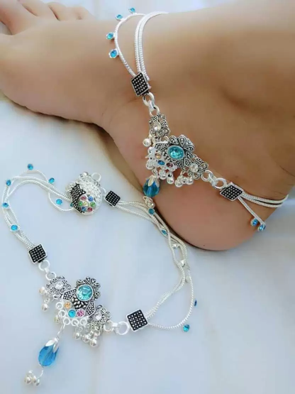 Beautiful Fancy Silver Plated Sky Blue Stone And Pearl Payal (Anklet)