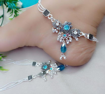 Beautiful Fancy Silver Plated Sky Blue Stone And Pearl Payal (Anklet)