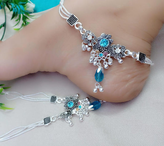 Beautiful Fancy Silver Plated Sky Blue Stone And Pearl Payal (Anklet)