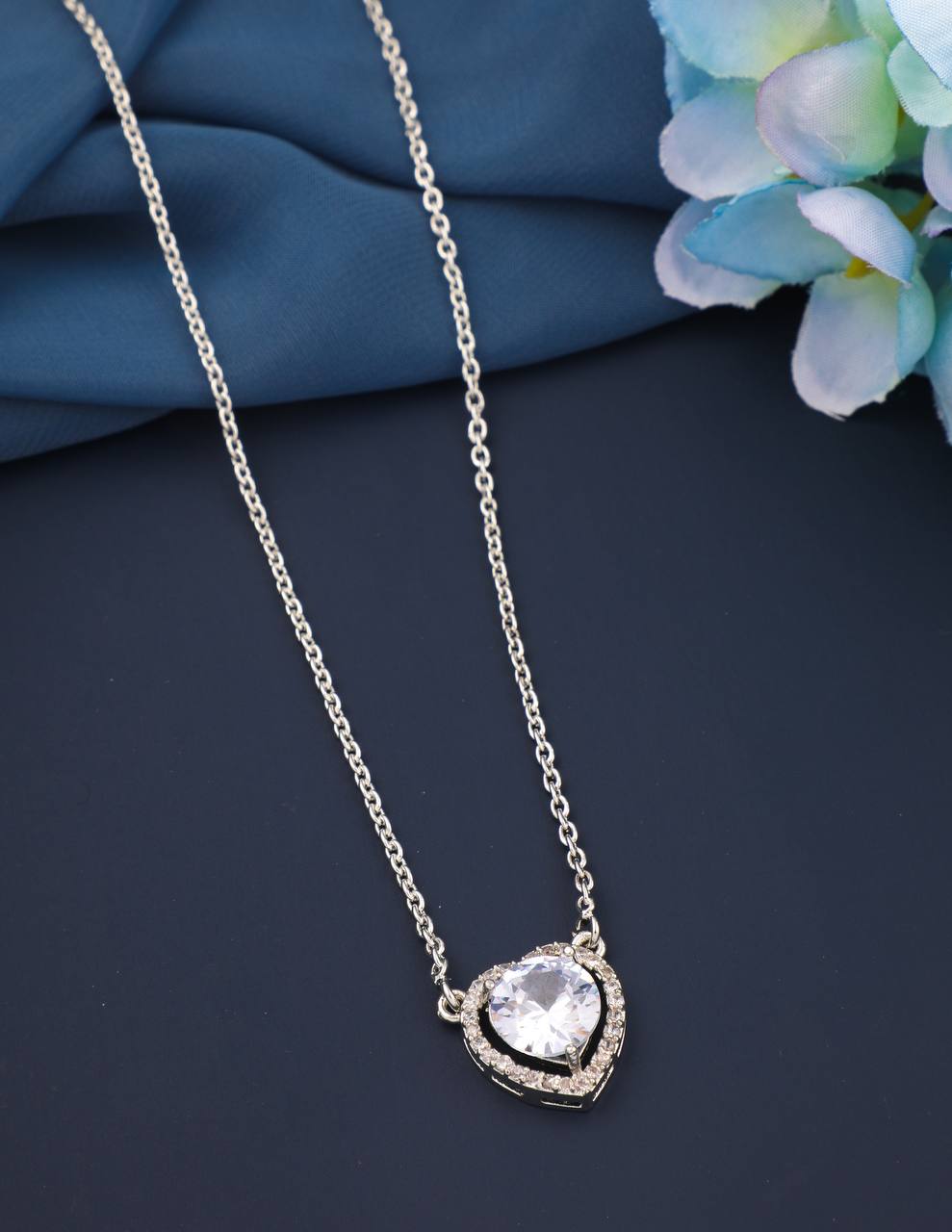 Beautiful Heart Cut American Diamond Pendant with chain For Womens