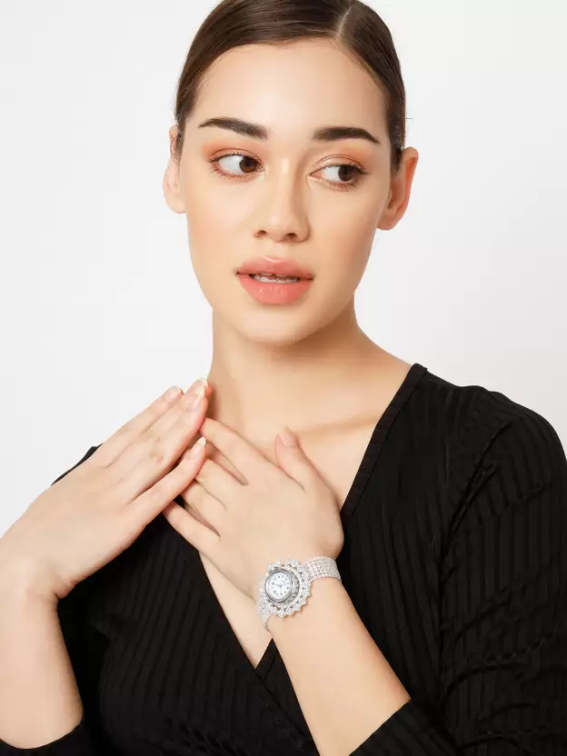 Designer Diamond And Stone Silver Watch For Girls