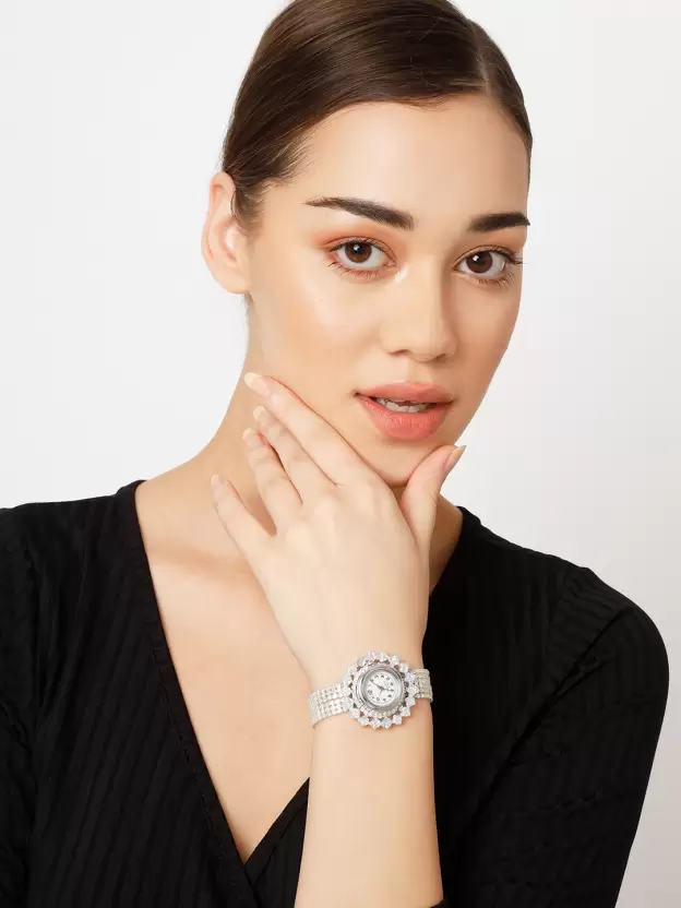 Designer Diamond And Stone Silver Watch For Girls