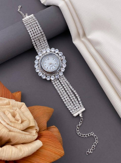 Designer Diamond And Stone Silver Watch For Girls