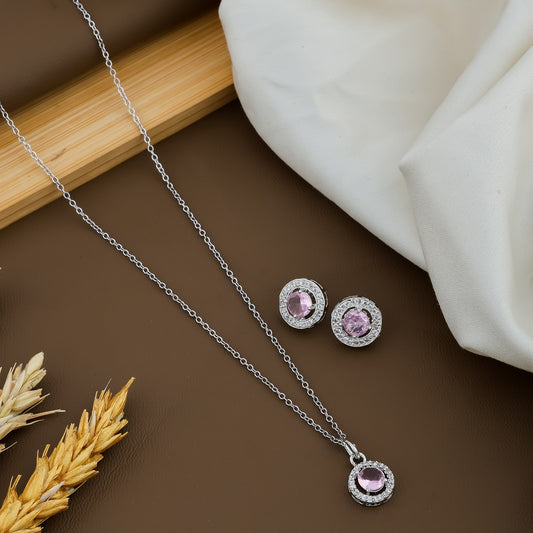 Diamond Pendant And Silver  Plated  Chain With Earrings For Women/Girls