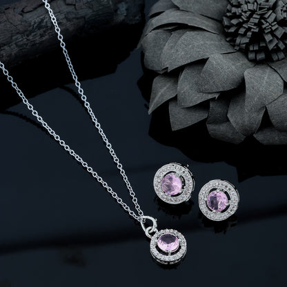 Diamond Pendant And Silver  Plated  Chain With Earrings For Women/Girls