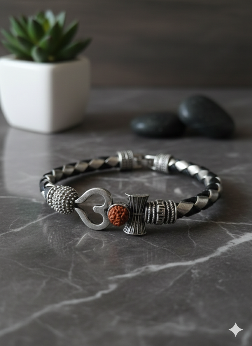 Dual-Tone Black And Silver Divine Mahadev Om & Rudraksha Braided Leather Kada Bracelet