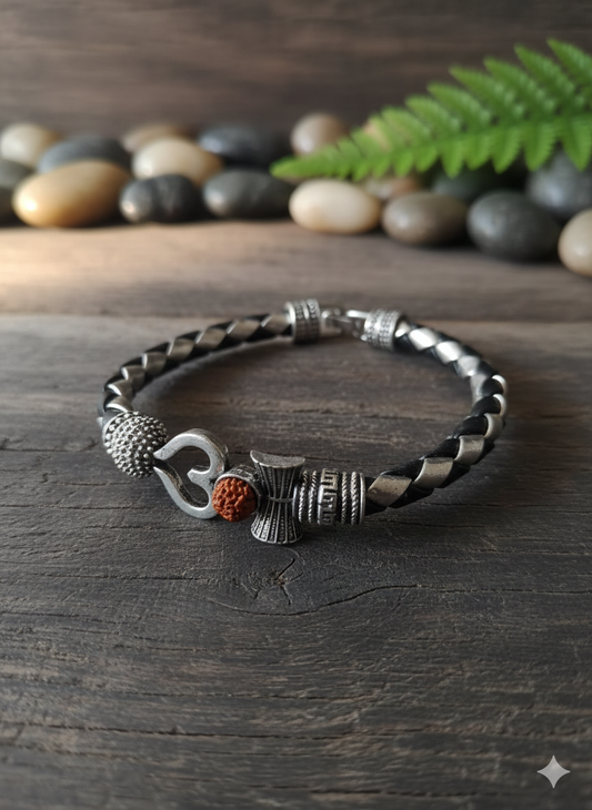 Dual-Tone Black And Silver Divine Mahadev Om & Rudraksha Braided Leather Kada Bracelet