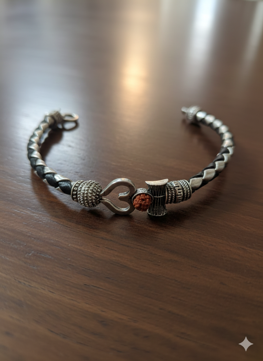 Dual-Tone Black And Silver Divine Mahadev Om & Rudraksha Braided Leather Kada Bracelet