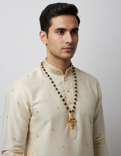 Gold Plated Trishul Damru Pendant with Black Bead Rudraksha Mala Chain – Men's