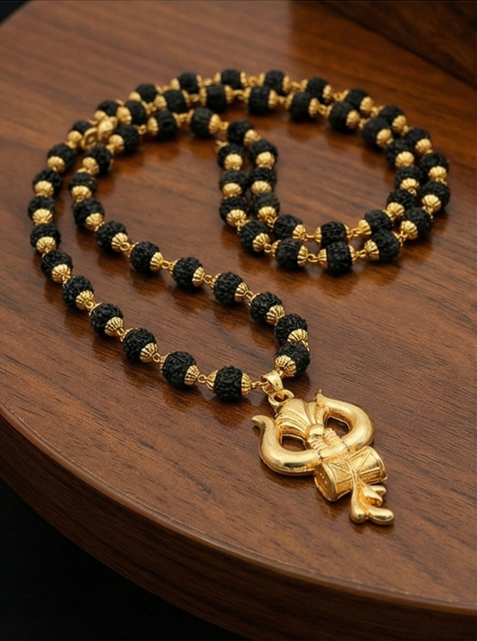 Gold Plated Trishul Damru Pendant with Black Bead Rudraksha Mala Chain – Men's