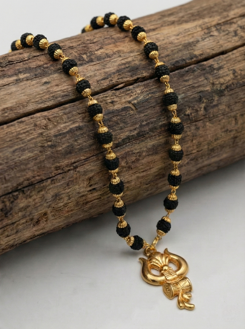 Gold Plated Trishul Damru Pendant with Black Bead Rudraksha Mala Chain – Men's