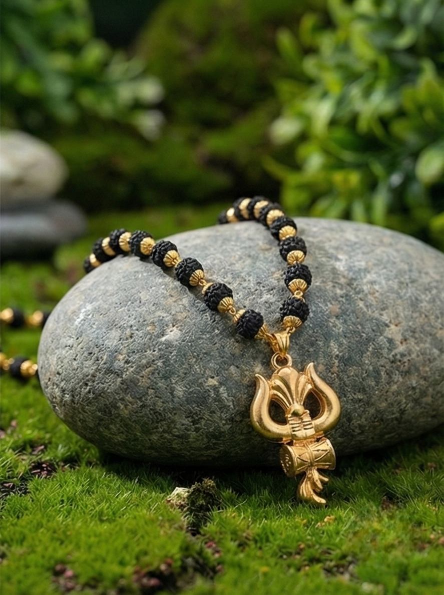 Gold Plated Trishul Damru Pendant with Black Bead Rudraksha Mala Chain – Men's