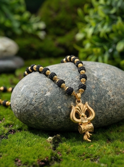 Gold Plated Trishul Damru Pendant with Black Bead Rudraksha Mala Chain – Men's