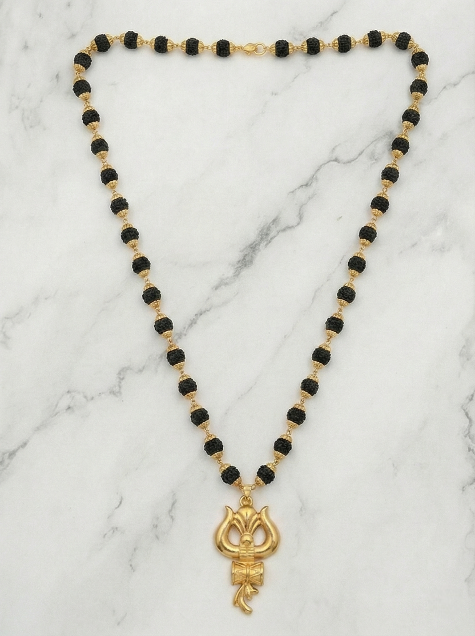 Gold Plated Trishul Damru Pendant with Black Bead Rudraksha Mala Chain – Men's