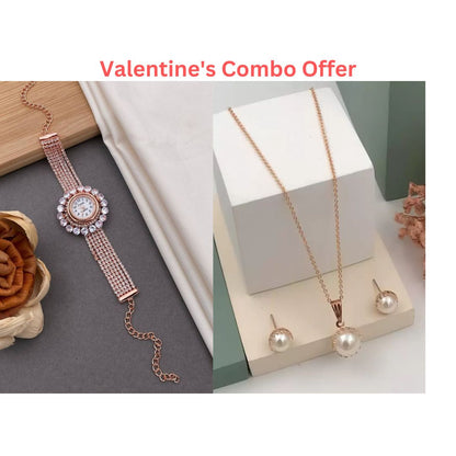 This Valentine Rose Gold Bracelet Watch and  Pendant Chain With Earrings For Womens