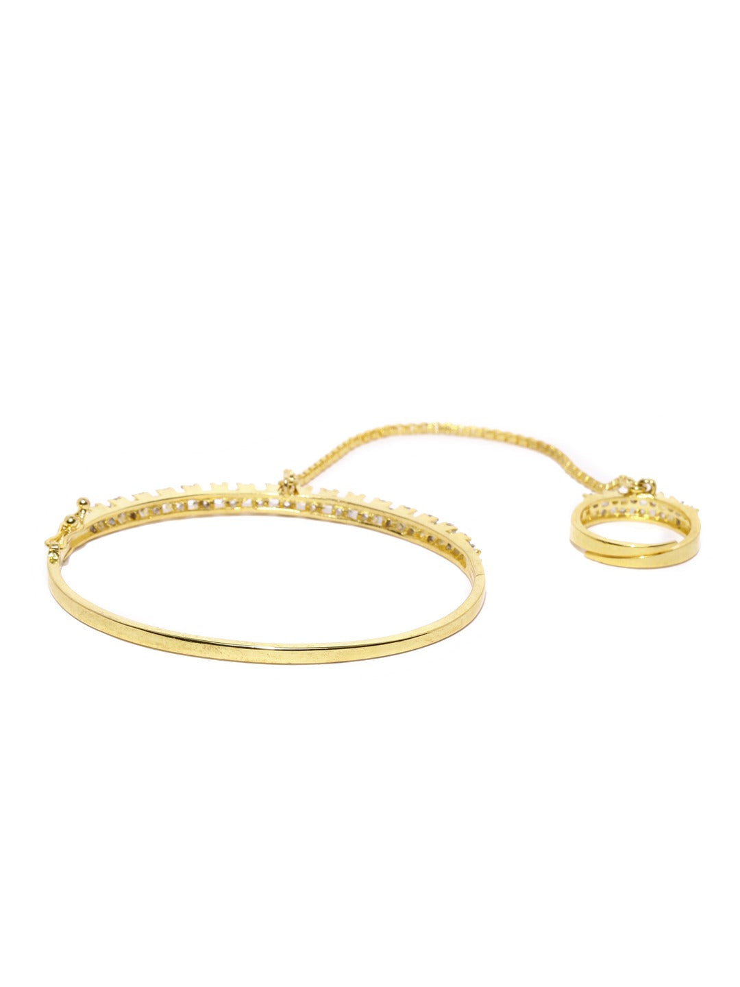 Gold Plated American Diamond Bracelet with Finger Ring For Women